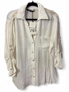 Zara Ivory Button-Down Shirt with Beaded Shoulder Trim